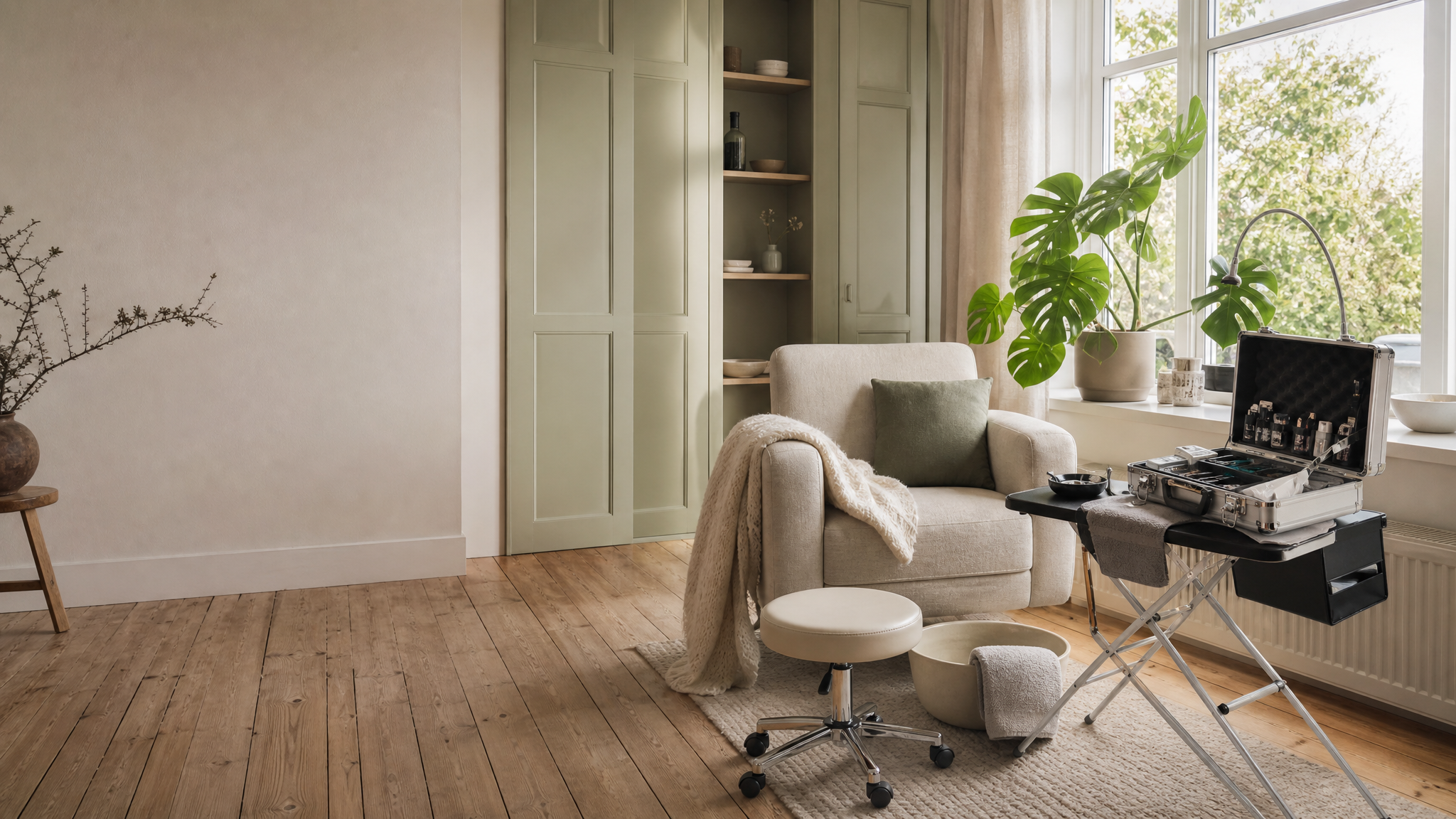 Lichte woonkamer met een fauteuil en een opgestelde pedicurekoffer bij het raam