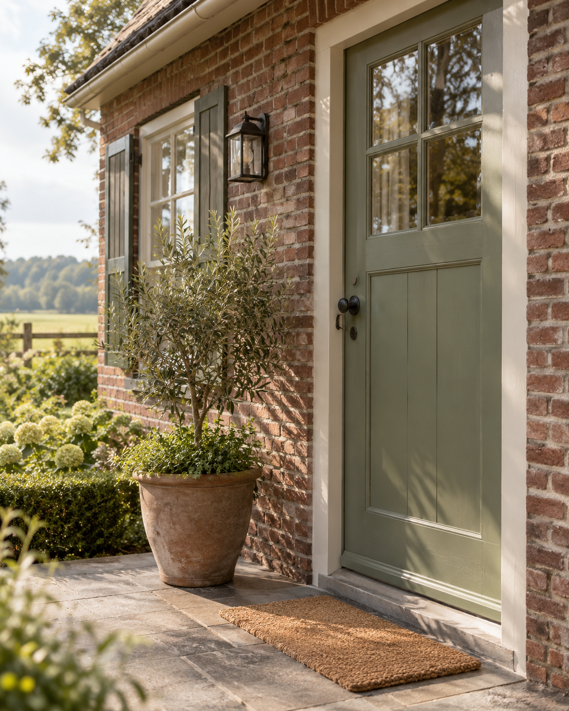 Saliegroene voordeur van een woning met een olijfboompje ernaast